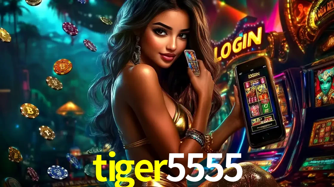 Mulher em um cenário de cassino temático de aventura, mostrando o app de caça-níqueis da tiger5555 no celular. Fichas de apostas flutuam ao redor.